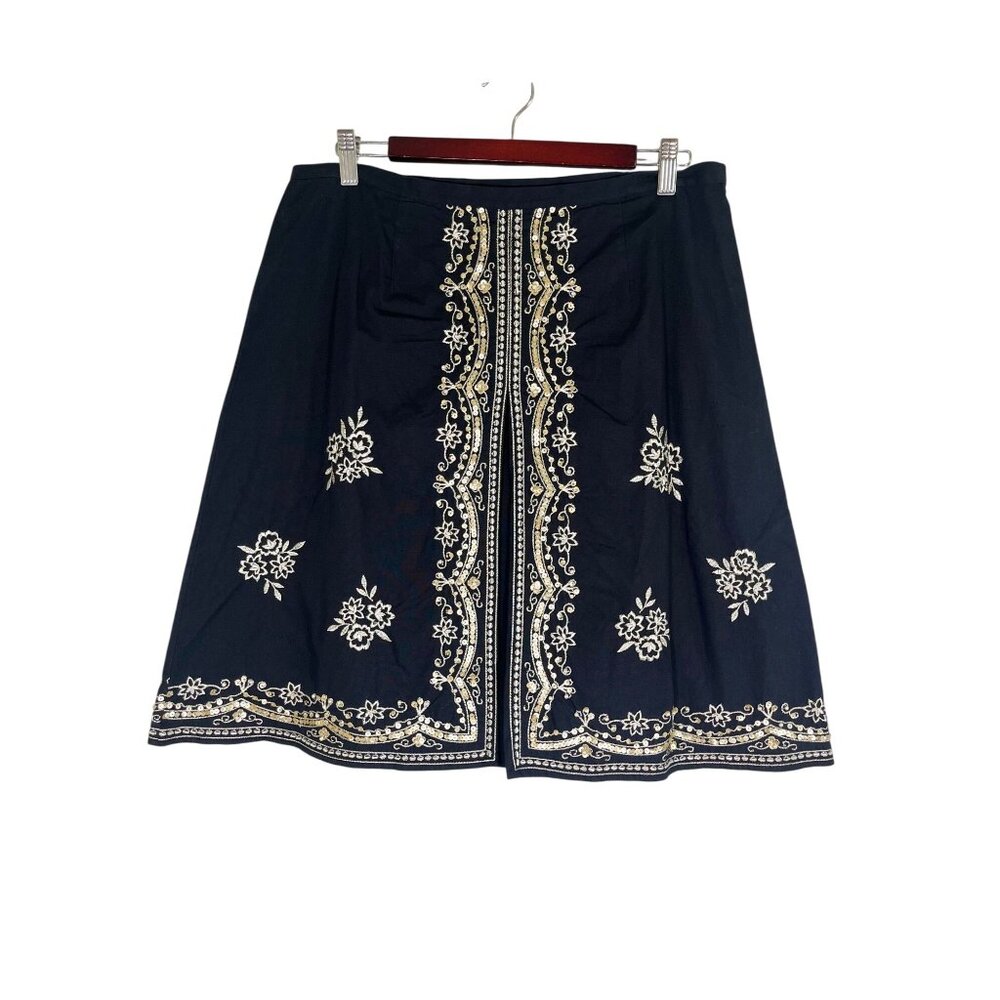 Neutral Floral Beaded Skirt 12 Black Sequin Boho Indie Folk Resort Preppy Chic